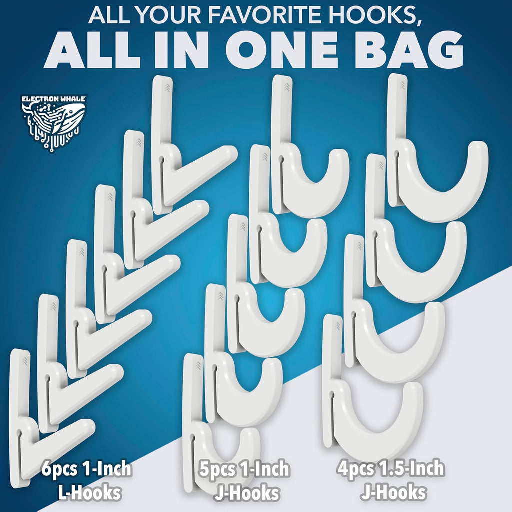 Heavy Duty Plastic L-Hooks and J-Hooks for Garage Shelving, Compatible with Keyhole Slots, UV-Resistant, 40 lbs Load Capacity (15, White L-Hook and J-Hook Assortment)
