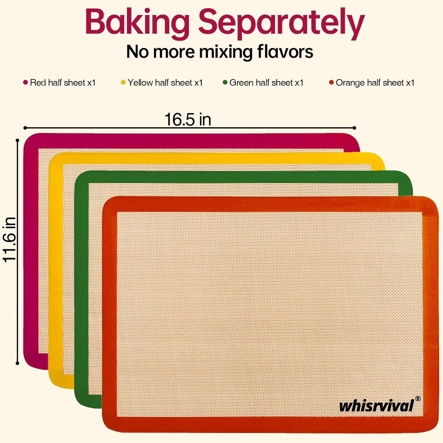 4 Pcs Half Sheet Silicone Baking Mat, Non-Stick, Food Safe Silicone Mats for Baking Cookies, Macarons, Vegetables, 480℉ Heat Resistant (Red&Yellow&Green&Orange)