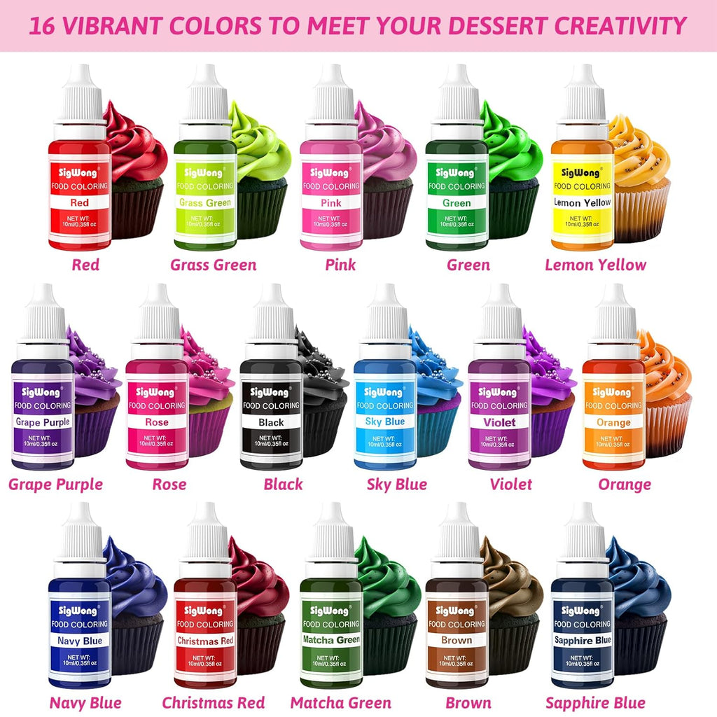 Food Coloring Liquid - 16 Colors Vibrant Food Coloring Set, Upgraded Tasteless Food Grade Food Dye for Cake Decorating, Baking, Cookies, Icing, Slime, Easter Egg, Fondant and DIY Crafts - 10ml Bottles