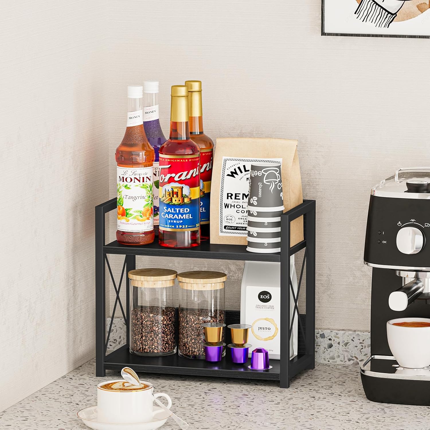 Giikin Kitchen Counter Shelf, 2 Tier Kitchen Spice Rack Organizer for Countertop, Wood Coffee Bar Organizer for Home (Black, S)