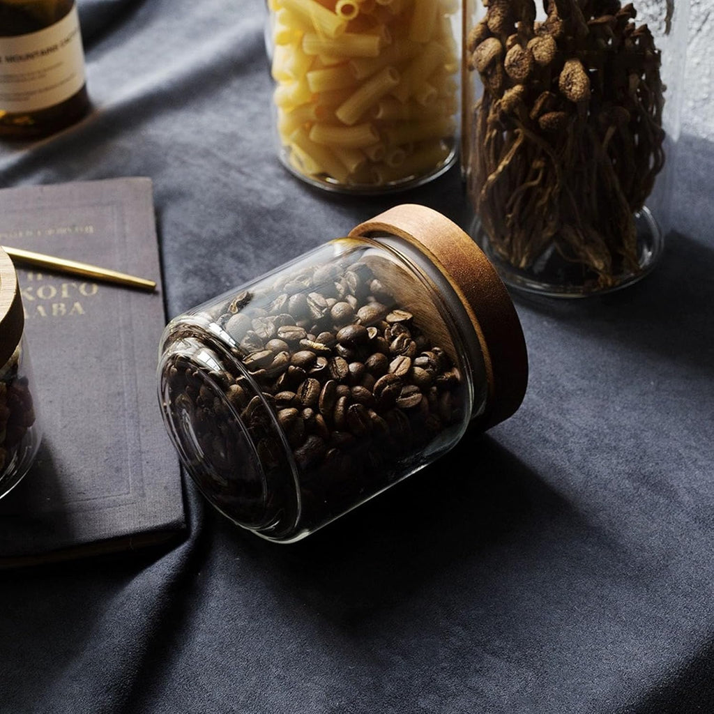 Glass jar candy Containers - 16oz kitchen Glass Airtight Storage jar With Acacia Airtight Lid，for kitchen Seasoning, coffee bean, tea, suger, herbs (4)