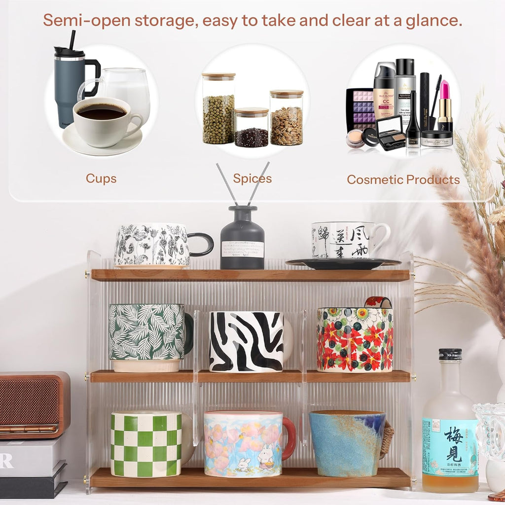 Coffee Mug Holder Wooden Cup Station Organizer 3-Tier Cup Holder for Coffee Bar Mug Display Rack for Countertop Mug Holder Shelf for Home Kitchen Nut Brown