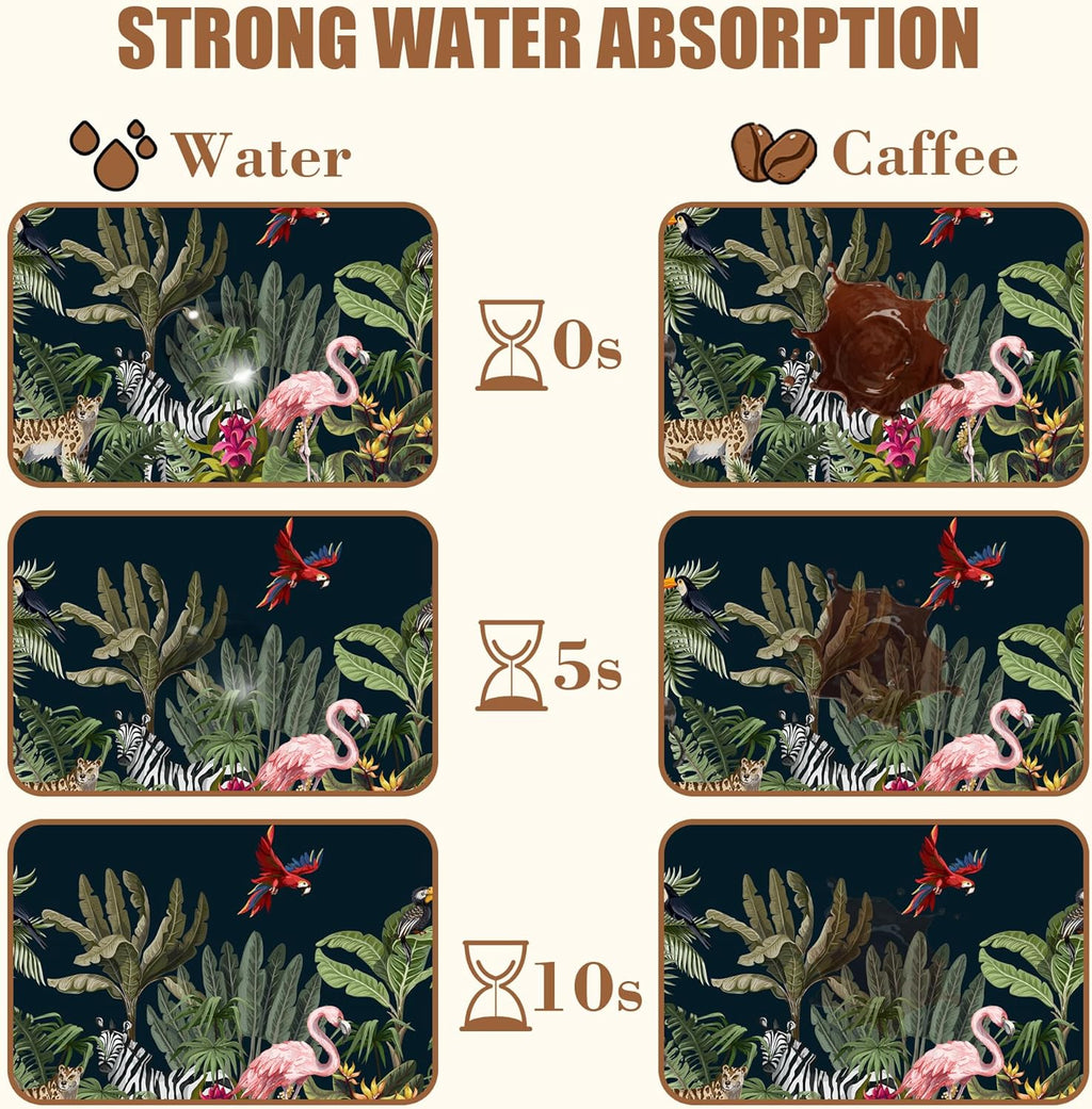 Jungle Animals Coffee Mat Tropical Dish Drying Mat for Kitchen Counter Absorbent Hide Stain Rubber Backed Coffee Bar Accessories Fit Under Espresso Machine Cafe Decor, 11.8 x 19.7 Inch