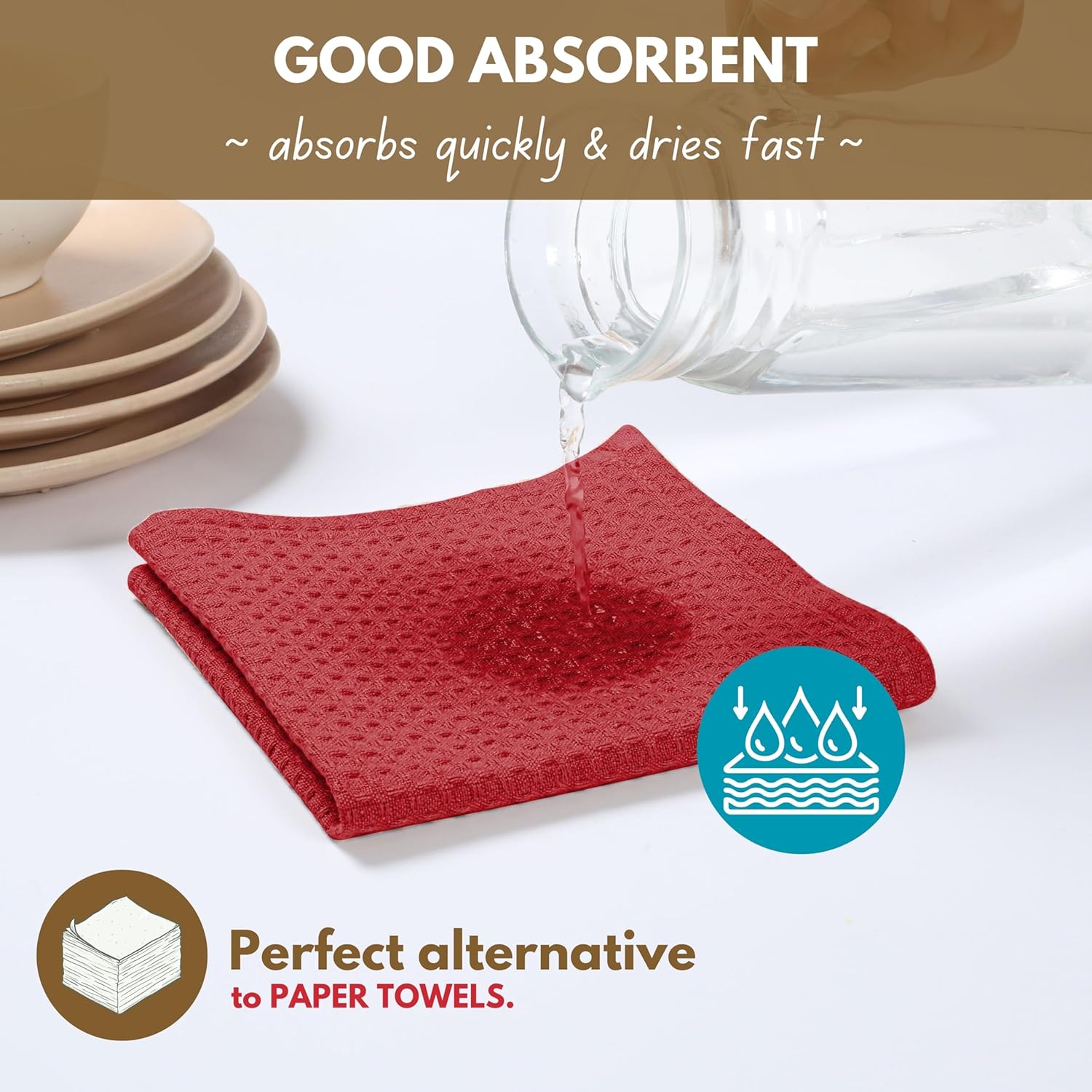 Native Fab 6 Pack Waffle Dish Cloths - 100% Cotton, Absorbent, Quick Drying & Soft Towels for Cleaning, Cooking & Baking - Ideal for Home, Restaurants & Cafes - 12x12 Inches - Red