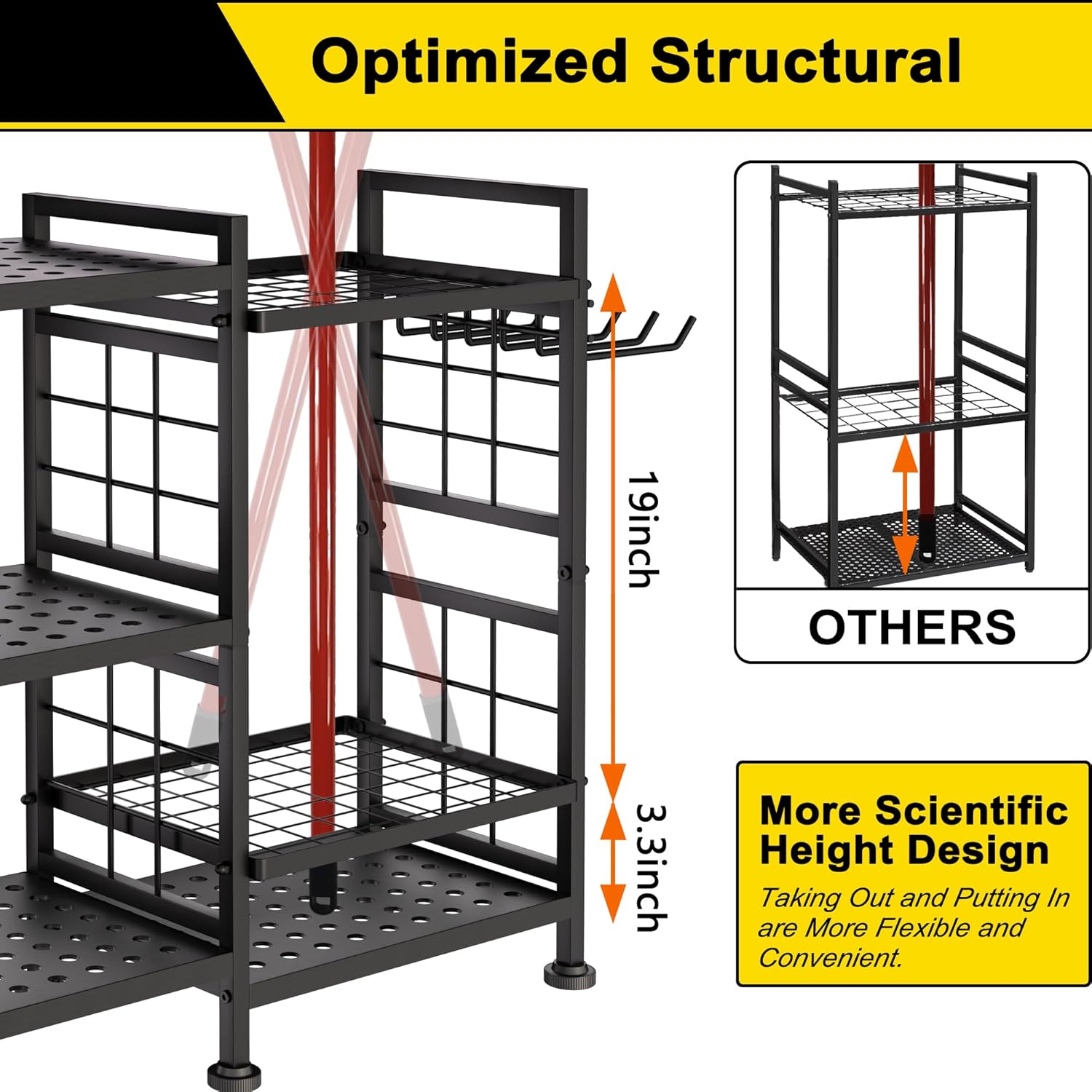 GIOTORENT 6 Tier Garden Tool Organizer, Garage Storage and Organization, Metal Yard Tools Storage Rack, Heavy Duty Garden Tool Organizer for Garage, Yard, Patio, Shed, Indoors and Outdoors, Black