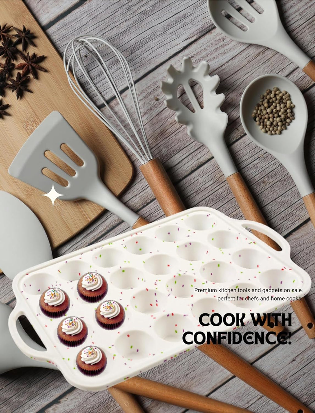 Silicone Cupcake Pan & Mini Silicone Muffin PanCombo Set - silicone mini muffin pan 24-2pack for Baking Non-Stick, Perfect for Cupcakes, Muffins & Desserts, Egg Bites Oven Safe, 2 Pack Confetti