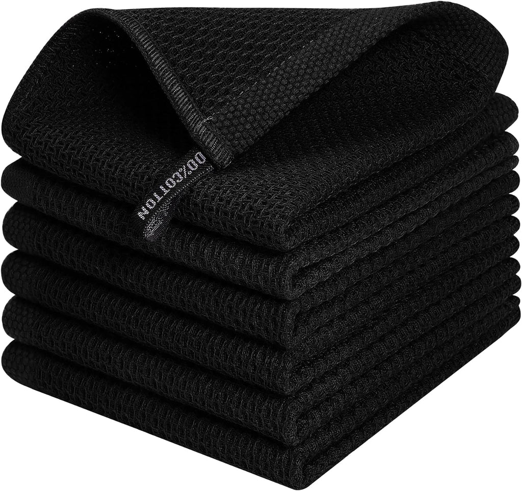 Kitinjoy 100% Cotton Kitchen Dish Cloths, 6 Pack Waffle Weave Dish Towels Ultra Soft Absorbent Quick Drying Dish Rags, 12 X 12 Inches, Black