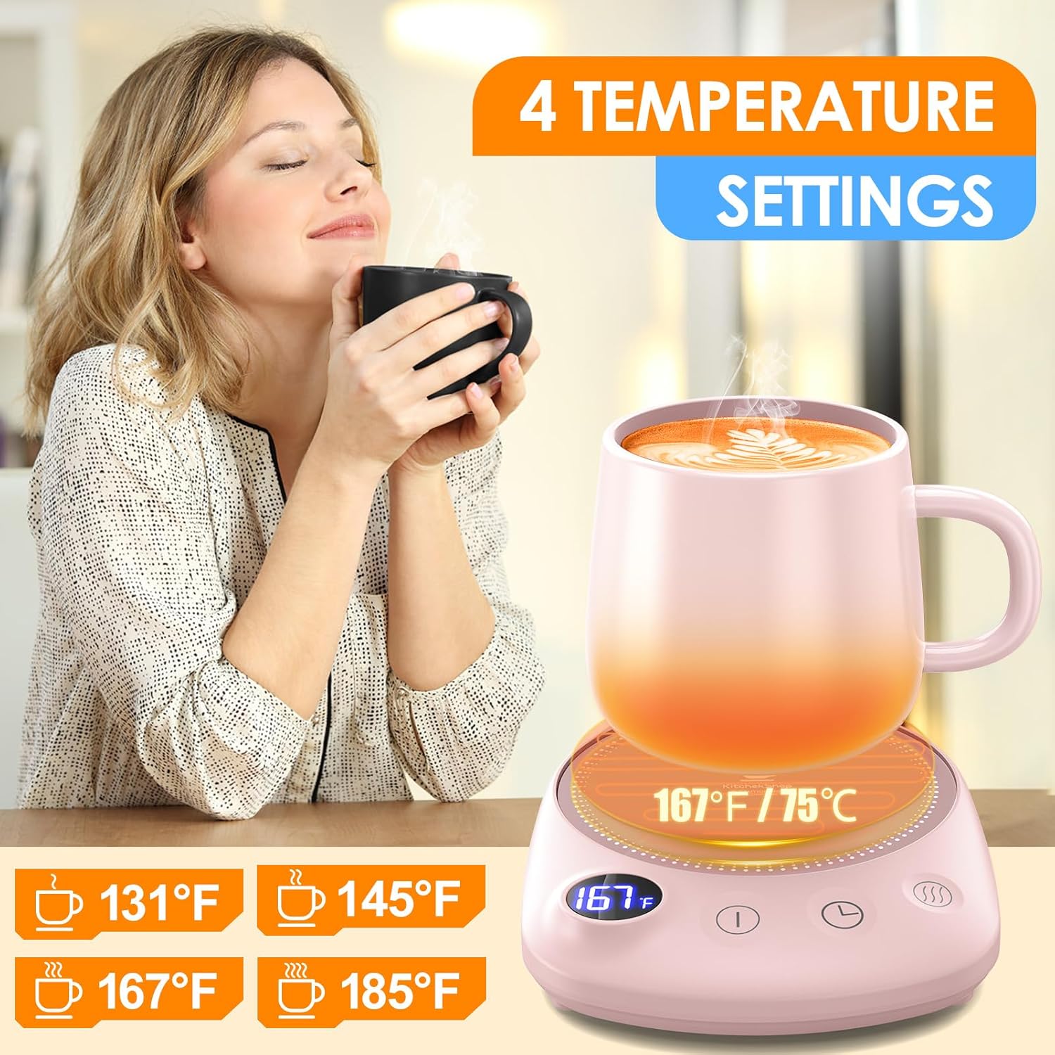 Coffee Mug Warmer - Fastest Heating & Highest Temperature, Coffee Cup Warmer for Desk Auto Shut Off, 4 Temp Settings & 1-12H Timer, Smart Electric Beverage Warmer for Coffee, Tea (Pink)
