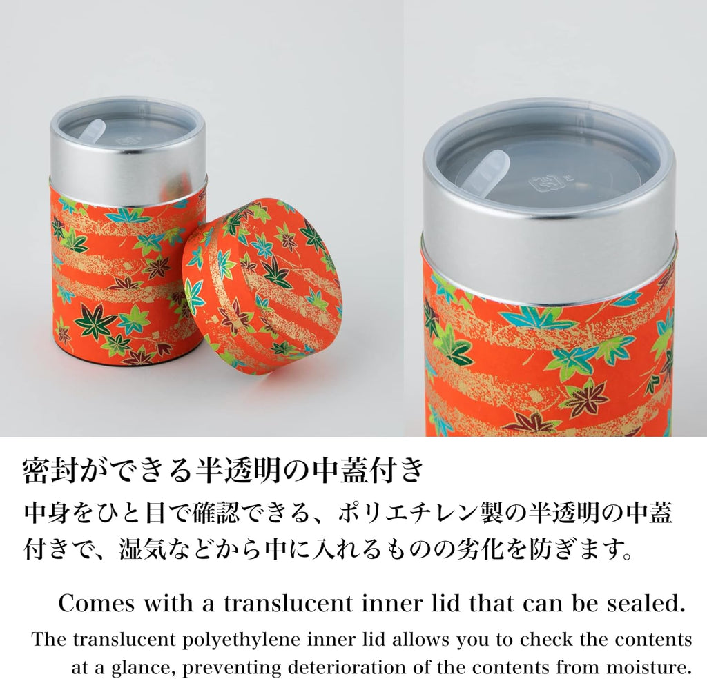 NOREN Japanese Tea Canister Tin (Yuzen Washi Paper), 3.5oz Size Made in JAPAN with Includes Inner Lid of Airtight Damp-Proof/Kitchen Jar for Loose Leaf Coffee Tea (Autumn leaves/Red)