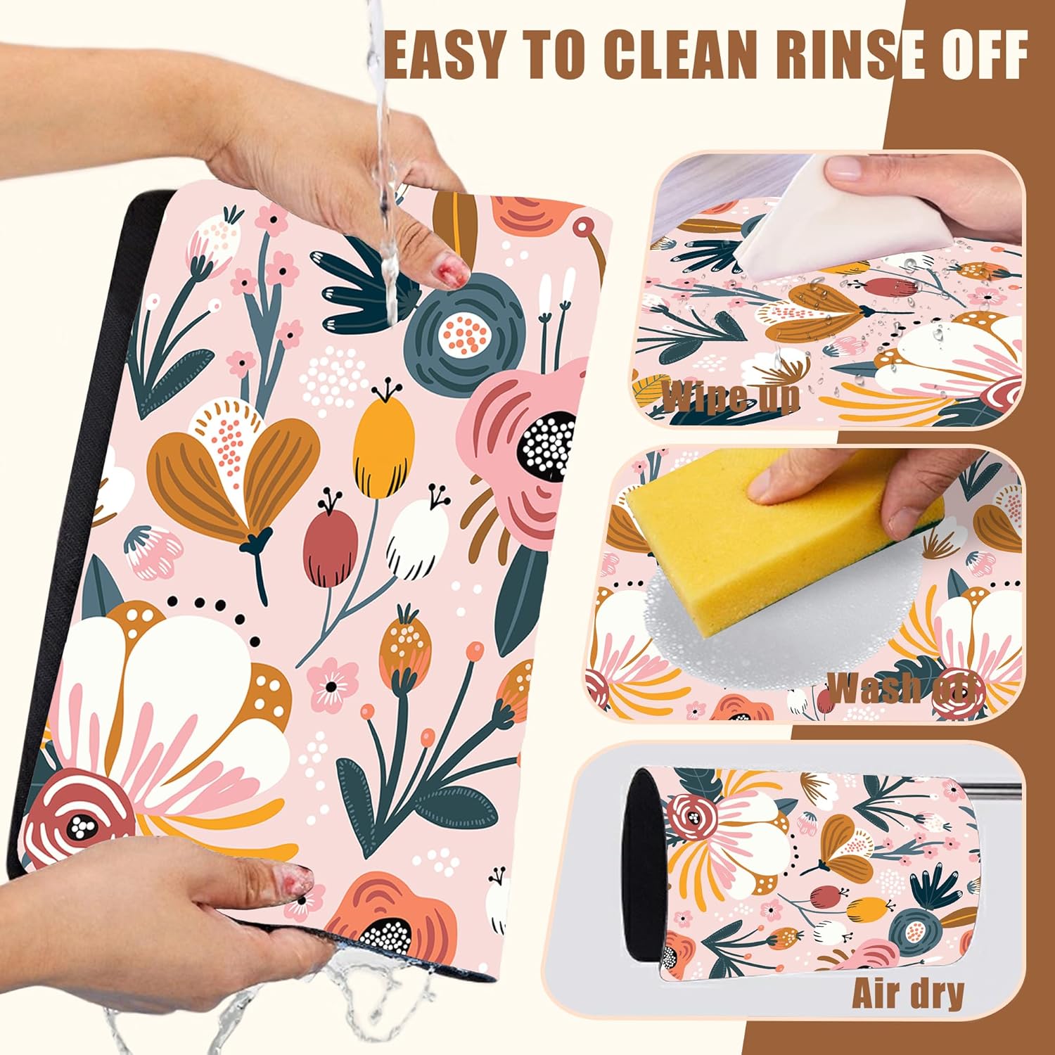 Dish Drying Mat Pink Flowers Berries Leaves Coffee Bar Mat for Countertop Absorbent Hide Stain Rubber Backed Dish Drainer Rack Pad Espresso Machine Dining Room Decor 11.8 x 19.7 Inch