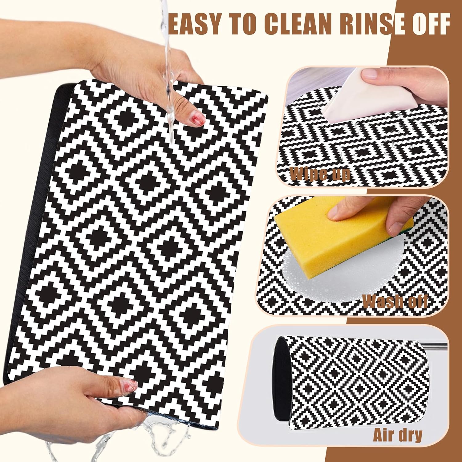 Dish Drying Mat Black and White Geometric Coffee Bar Mat for Countertop Absorbent Rubber Backed Hide Stain Dish Drainer Rack Pad Coffee Pot Espresso Machine Dining Room Decor 15.7 x 23.6 Inch