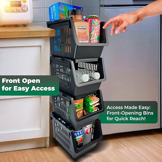 Skywin TidyFriend Small Stackable Storage Bins for Toy Organizer and Storage 4 Pack, Toy Storage Organizer for Kids Room and Home Organization (Black)