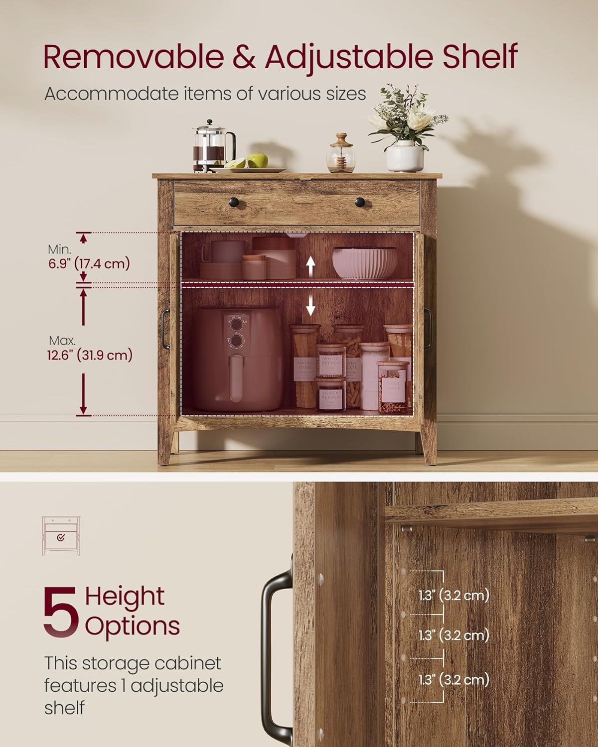 VASAGLE LIRY Collection - Buffet Cabinet, Coffee Bar Cabinet with a Drawer, Adjustable Shelf, Sideboard Storage with Cable Hole, Drawer Divider, Honey Brown UBBK341K01