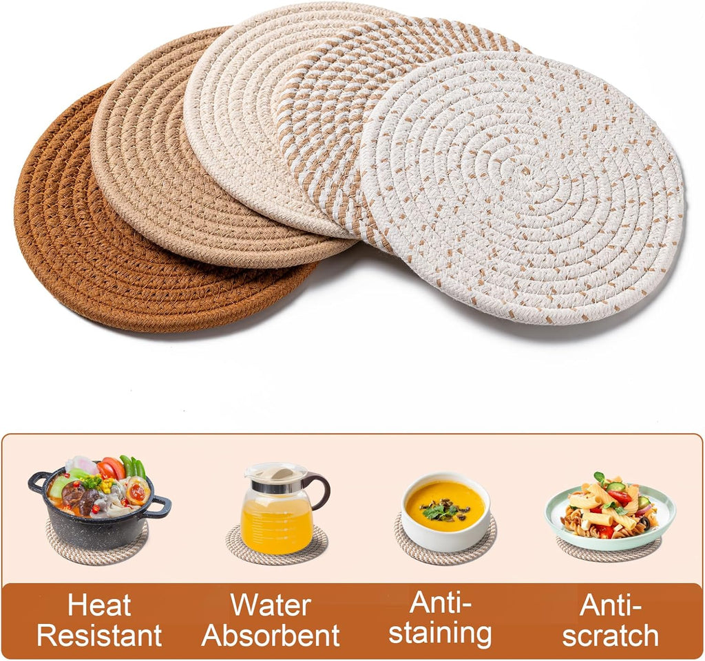 7 Inch Trivets for Hot Dishes, Pots and Pans, 5 Heat Resistant Pot Holders for Kitchen, Home Essentials, Hot Pads for Countertop and Table, Farmhouse Decor Vase Mats, Brown