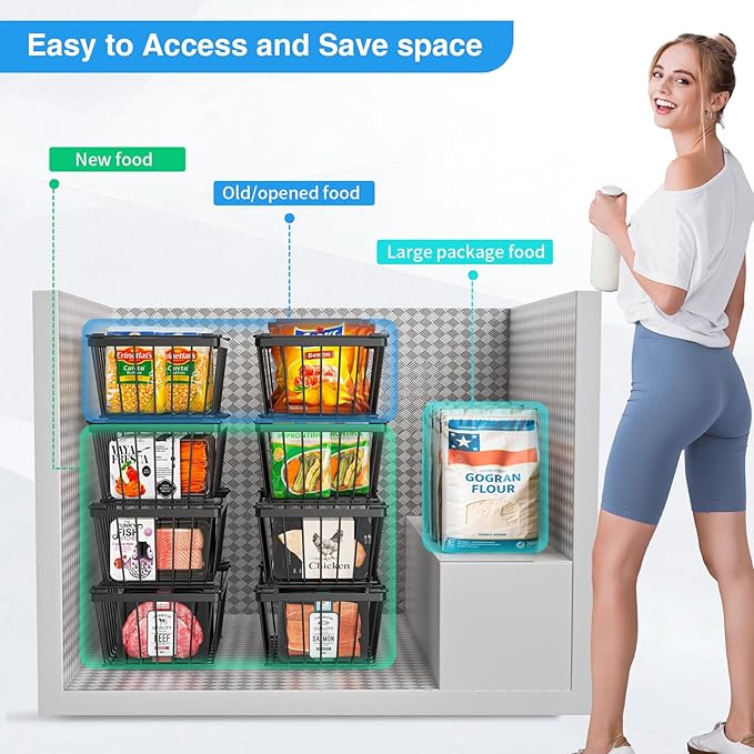 Freezer Organizers bins with Folding Handles，4 Pack Stackable Upright Freezer Organizers baskets for 5-7 Cu.Ft Deep Freezer Storage, Increased Space for Food Storage, Easy to access，Black