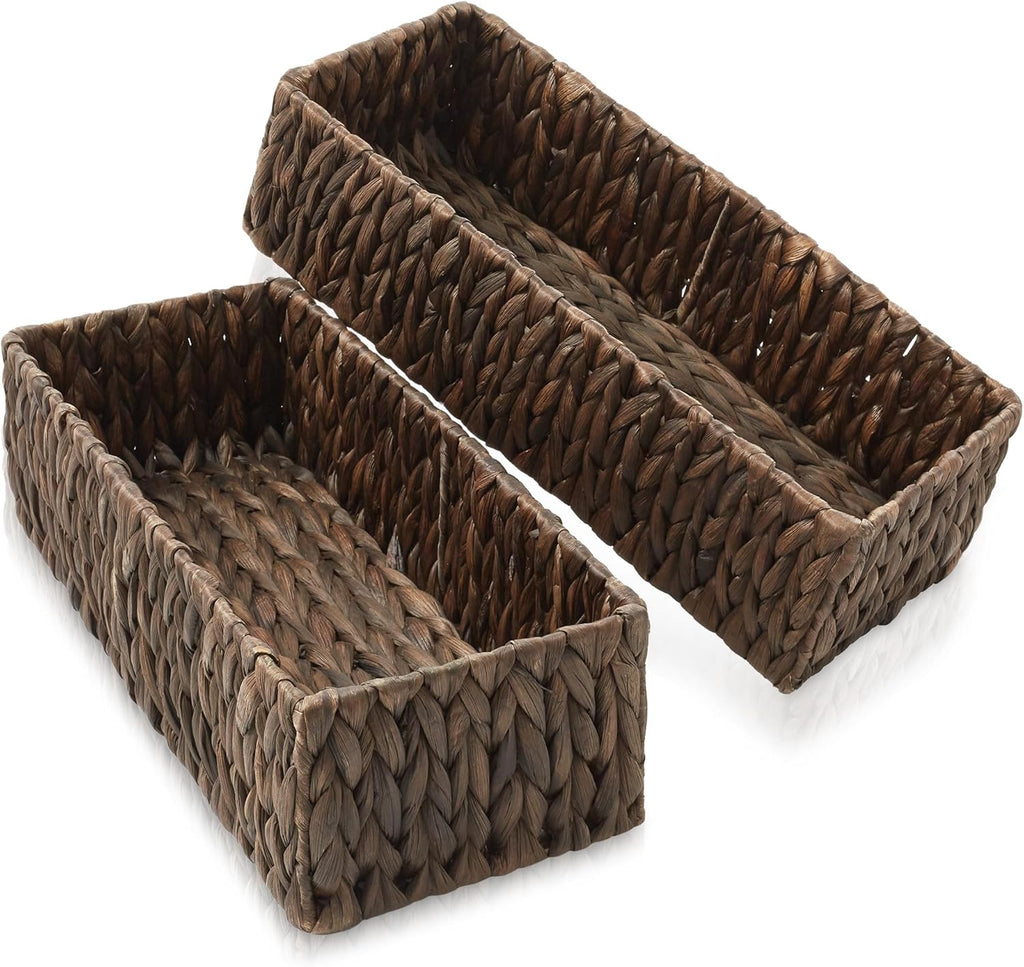 Casafield Set of 2 Bathroom Storage Baskets, Espresso - Water Hyacinth, 16" W x 6.75" D x 4.25" H, Woven Toilet Tank Topper Bins for Organizing Tissues, Toilet Paper, Toiletries, Shelves