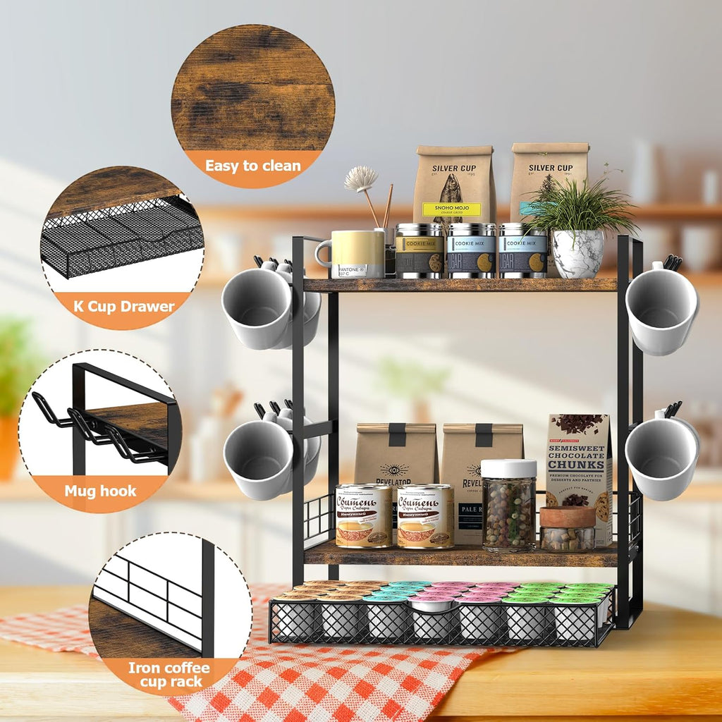 Coffee Station Organizer, 3 Tier Bar Organizer for Countertop, Mug Cup Holder Stand With 12 Hooks and 28 K Cup Storage for Kitchen, Home & Office, Rustic Brown