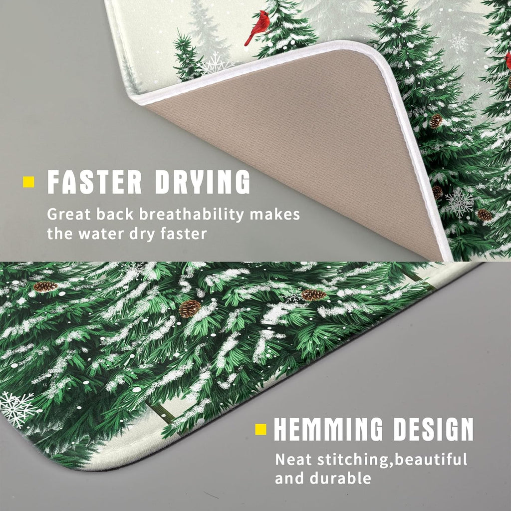 Winter Green Pine Tree Dish Drying Mat for Kitchen Counter,Red Bird Snowflake Drying Mat 16 x 18 Inch with High Absorbent Microfiber Drainer Mat for Coffee Bar