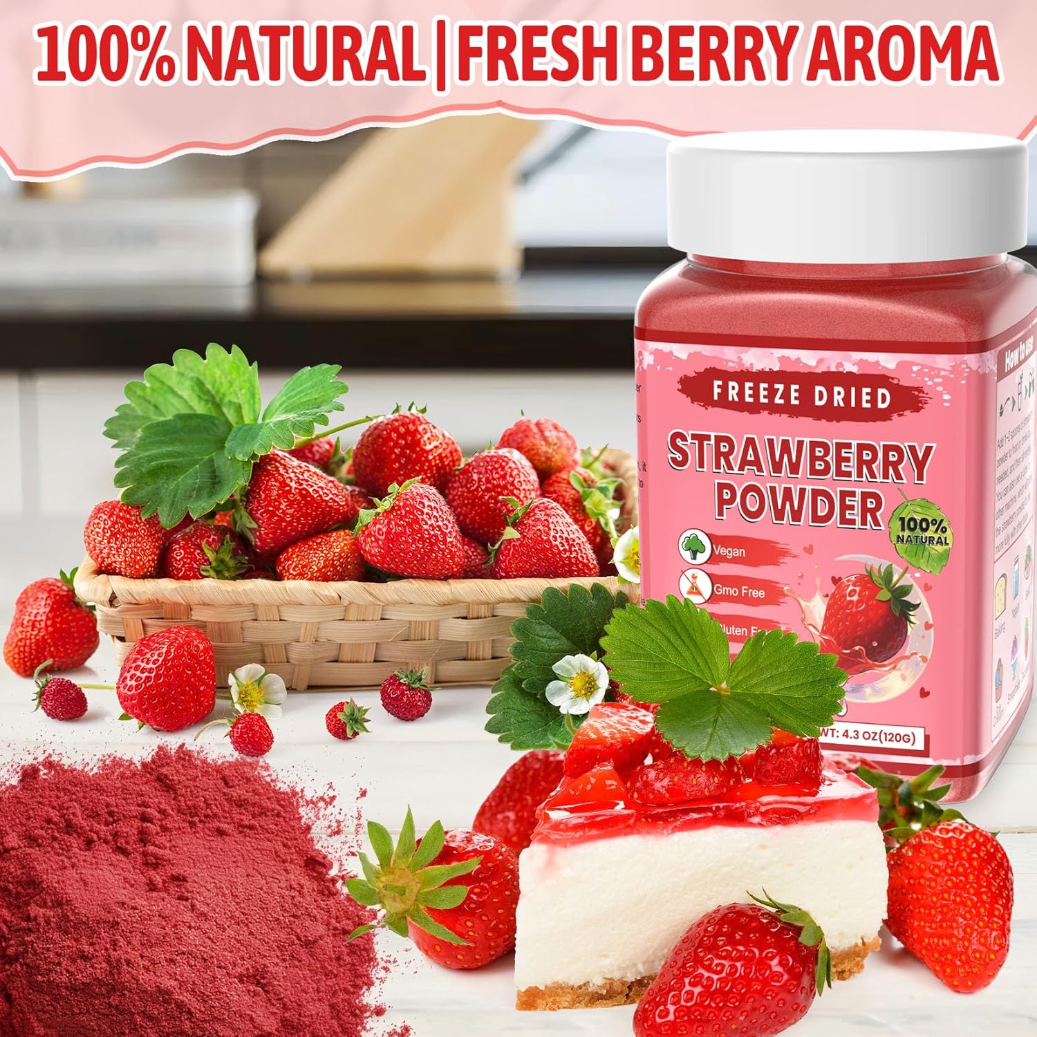 Freeze Dried Strawberry Powder - Kiigfood 4.3 oz/120g Natural Strawberry Powder Fruit Powder, Strawberries Source for Smoothie, Drinks, Baking, Cakes Decoration - Vegan, Non-GMO, Gluten-Free