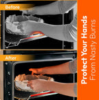 Oven Liners for Bottom of Oven Black (2-pack) Bundled with Rack Shield (2-pack) - Large Mat for Bottom of Range (17"x 25") and 14" Orange Stove Guards for Racks - Reusable & Heat Resistant