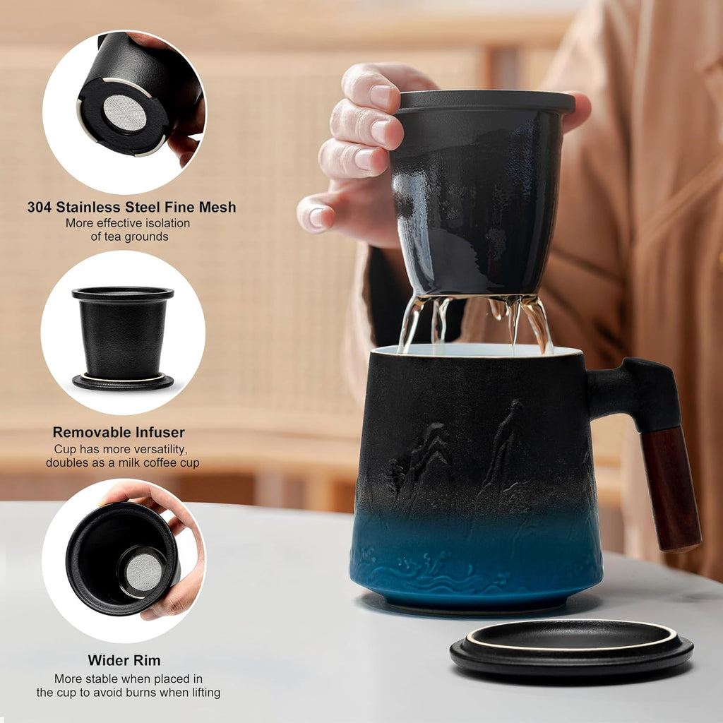 suyika Ceramic Tea Cup with Infuser and Lid, Gradient Embossed Large Tea Mug Wooden Handle for Steeping Loose Leaf, Tea Lover Gifts 15.2 oz / 450 ml,Black & Cyan