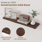 Floating Shelves for Wall Decor, Rustic Solid Elm Wood Live Edge Floating Shelves Wall Mounted, Wall Shelves with Invisible Bracket for Living Room Bathroom Bedroom Kitchen, 32 Inch Set of 2, Walnut