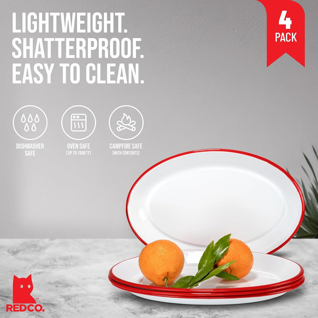 Red Co. Set of 4 Enamelware Metal Classic 13" Serving Oval Tray Platter, Solid White/Red Rim