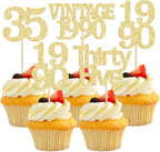 Gyufise 24Pcs Happy 35th Birthday Cupcake Toppers Glitter Thirty Five 35 Fabulous Vintage 1990 Cupcake Picks for 30th Birthday Wedding Anniversary Party Cake Decorations Supplies Gold