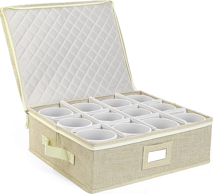 LotFancy Cup and Mug Storage Box, Hard Shell, China Coffee Mug Storage Container for Moving, Holds 12 Tea Cups, with Dividers & Handles, Beige