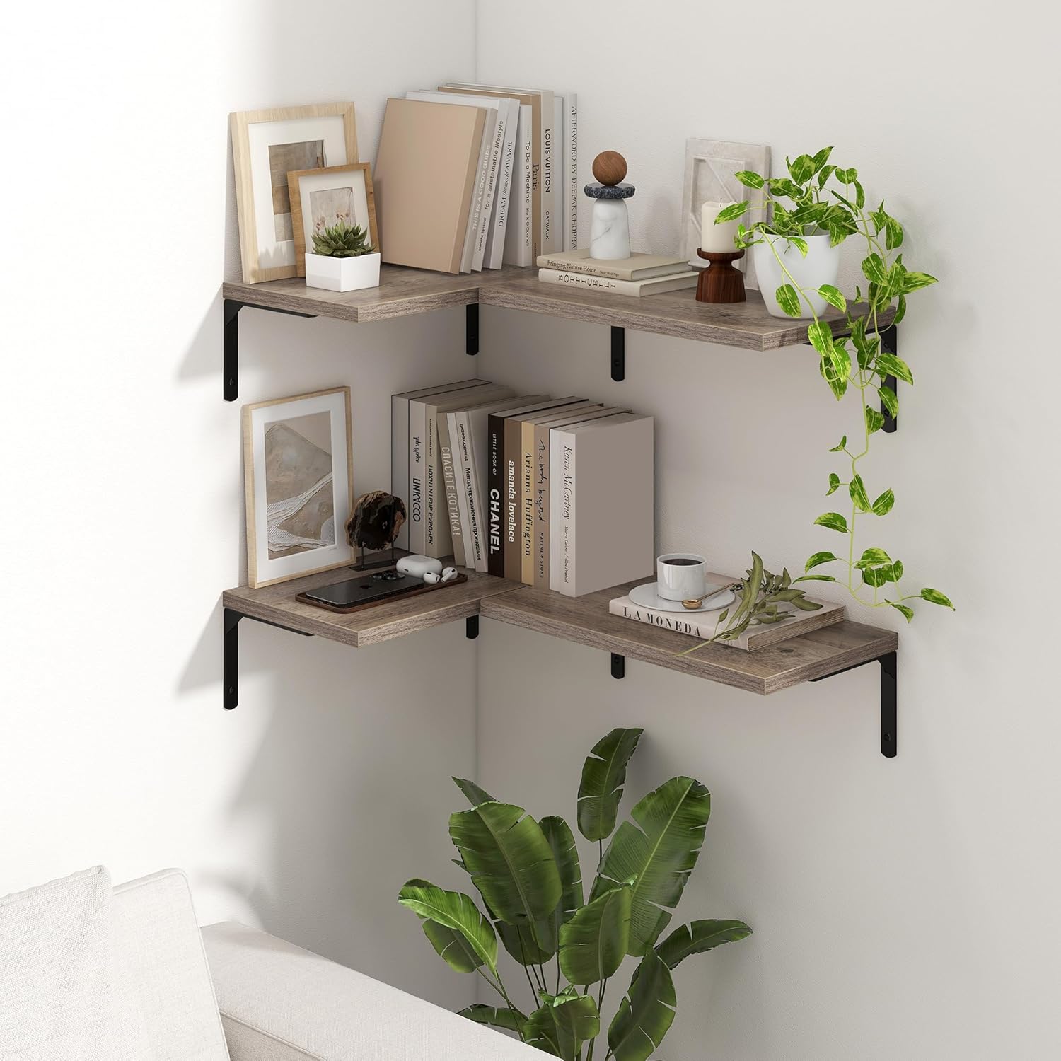 Fun Memories Deep Floating Shelves, 16W x 8D Floating Shelves Set of 2, Wall Mounted Shelf with Metal Brackets, Rustic Wood Wall Shelf for Bathroom, Kitchen and Living Room, Grey