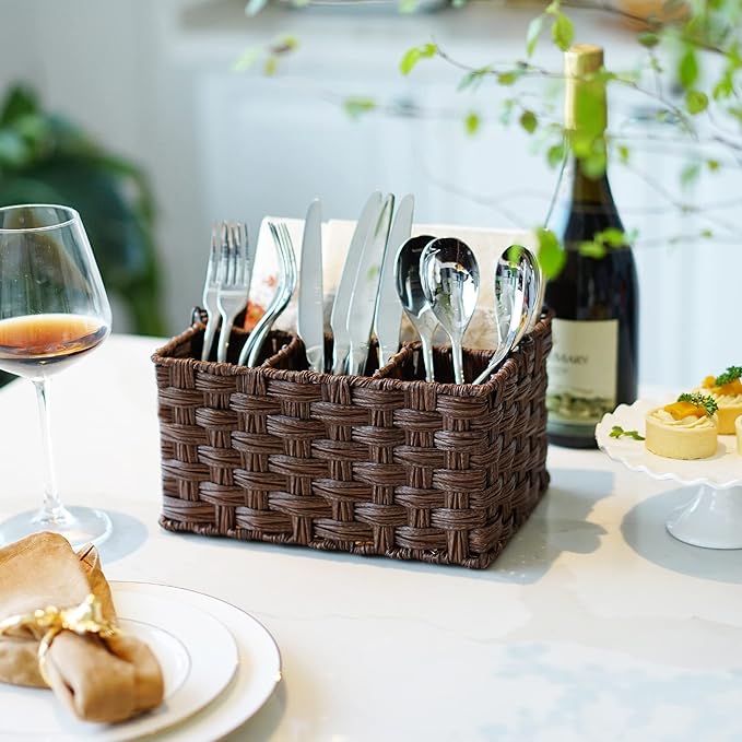 GRANNY SAYS Wicker Utensil Holder Organizer with Handle, Flatware Caddy for Kitchen, Silverware Holder Condiment Organizer, Holds Forks, Knives, Spoons, Napkins and Other Utensils