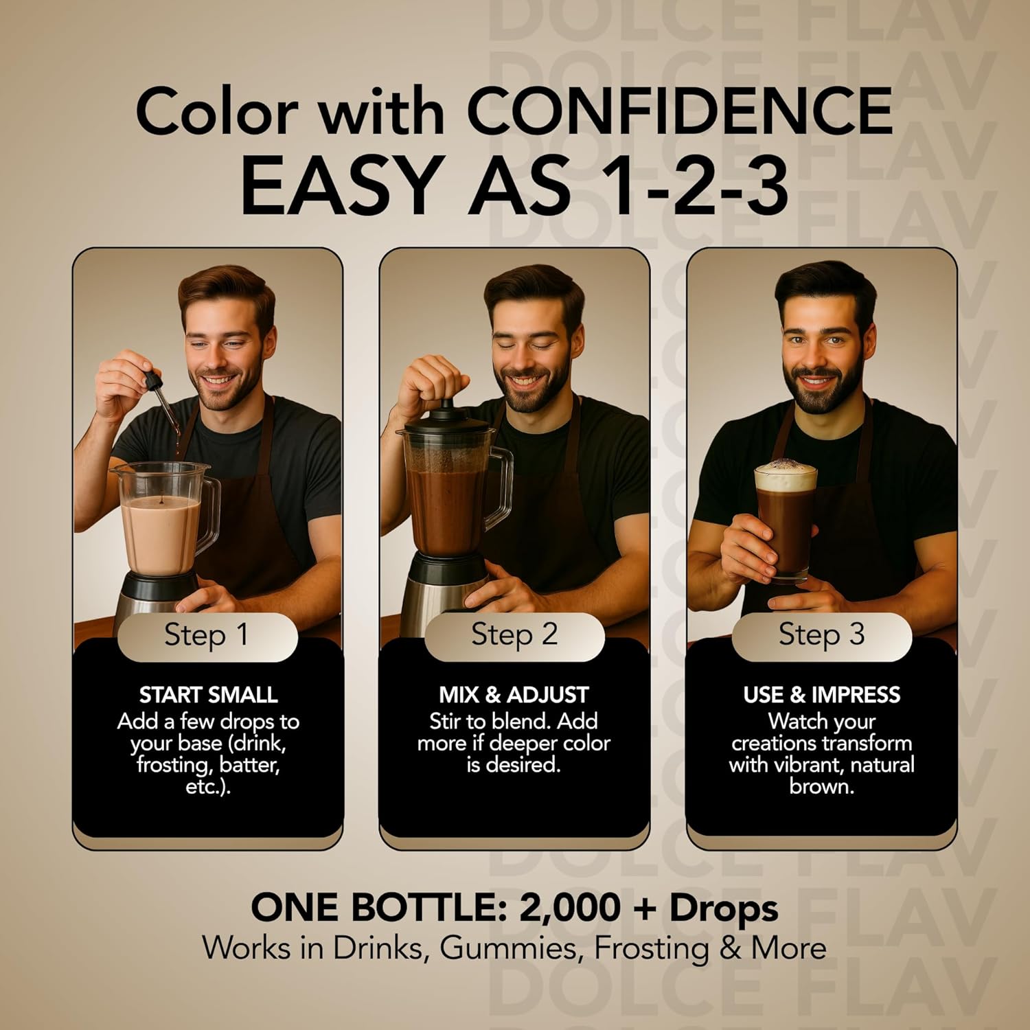 Dolce Flav Natural Brown Food Coloring – 2 oz Liquid Color from Class IV Caramel with Graduated Dropper | Water-Soluble | For Baking, Beverages & Sauces | Kosher | Made in USA