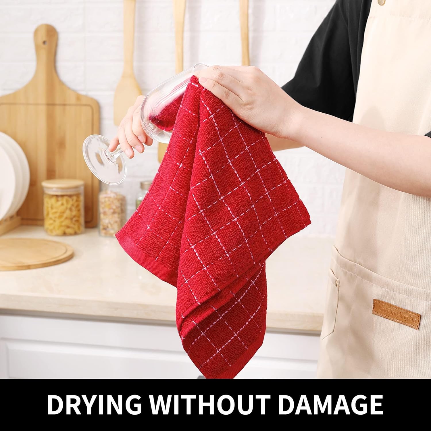 Homaxy 100% Cotton Terry Kitchen Towels(Red, 13 x 28 inches), Checkered Designed, Soft and Super Absorbent Dish Towels, 12 Pack