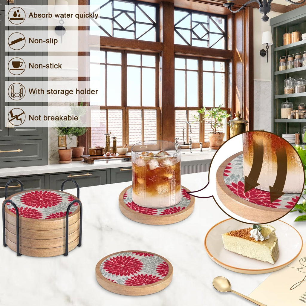 Wood Coasters Set of 6 with Holder, Cewiru Cup Mat for Drinks, Absorbent Coasters with Felt Insert for Coffee Table Protection, Modern Style Home Dining Table Decor, 4.3" Red