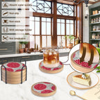 Wood Coasters Set of 6 with Holder, Cewiru Cup Mat for Drinks, Absorbent Coasters with Felt Insert for Coffee Table Protection, Modern Style Home Dining Table Decor, 4.3" Red