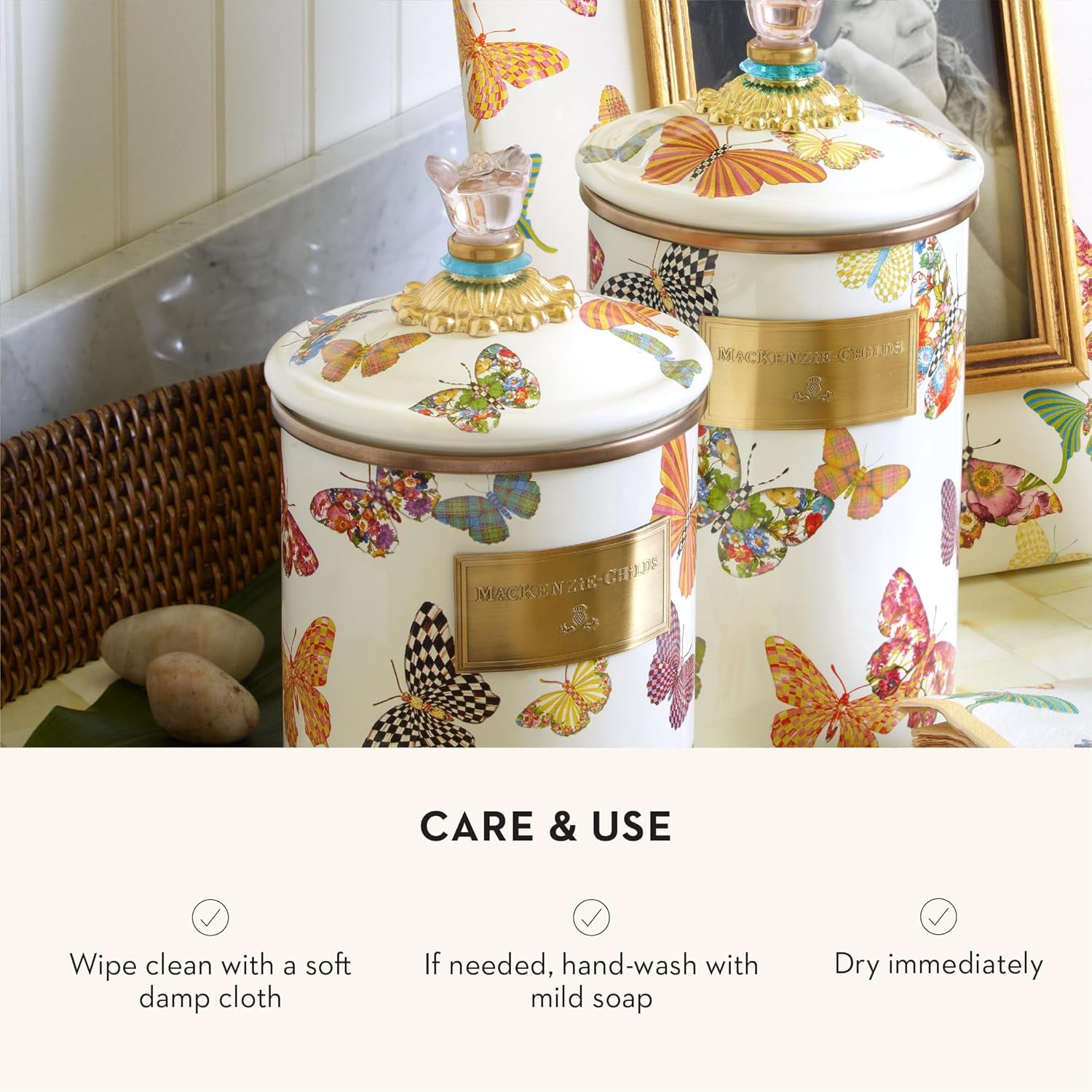 MACKENZIE-CHILDS Butterfly Garden Enamel Canister, Pretty Kitchen Storage Container with Lid, Medium