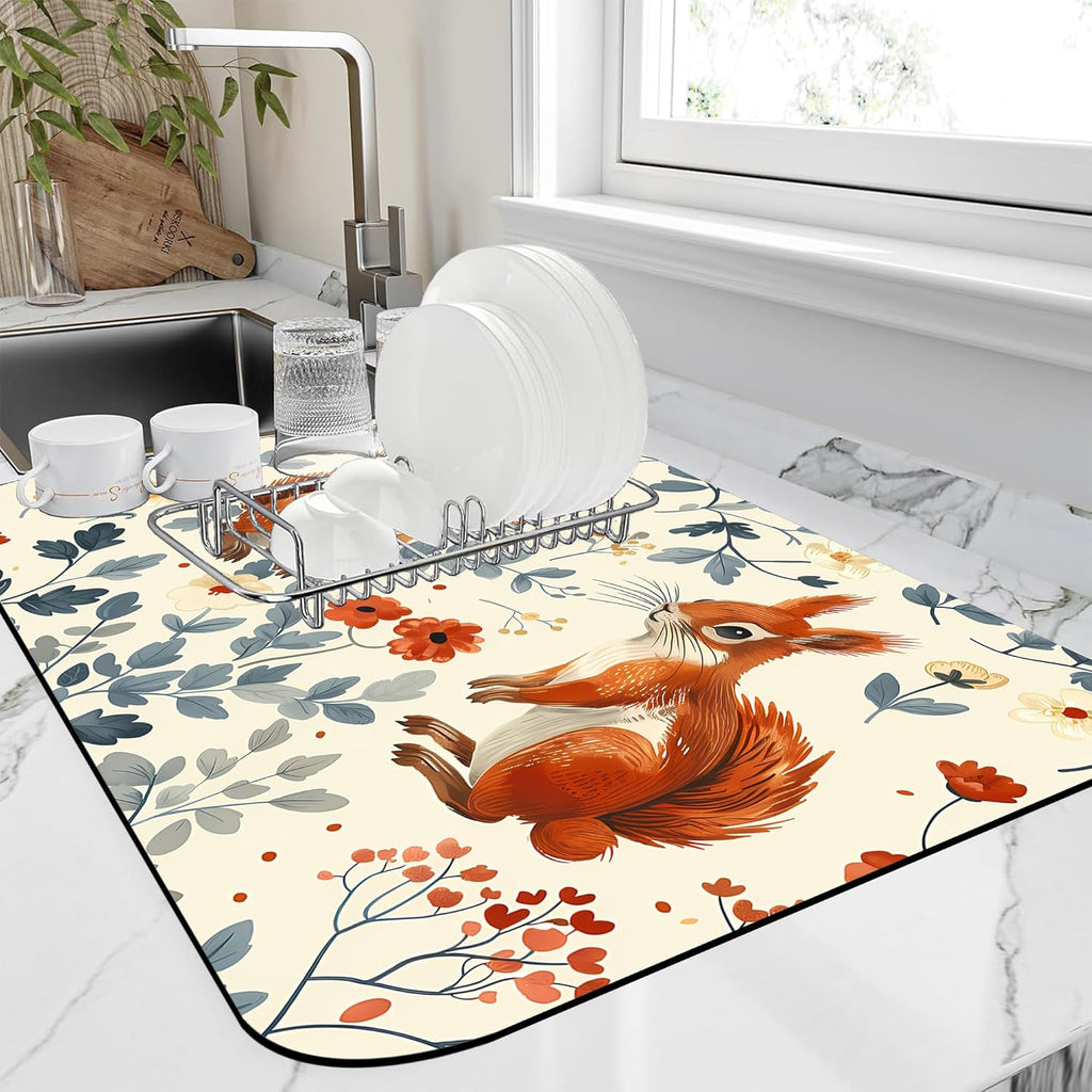 Dish Drying Mat Squirrel in the Flowers Kitchen Mat 16"x24" Bsorbent Coffee Maker Mat for Dishes,Utensils Coffee Maker Pots and Pans Easy Clean Dish Slip Resistant Pad