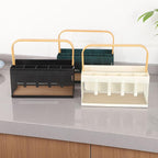 Utensil Caddy Metal Mesh Silverware Cutlery Organizer Basket with Bamboo Handle, Multi-Purpose Steel Wire Caddy 6 Compartment Flatware Basket for Kitchen, Countertop, Picnic, Restaurant, White