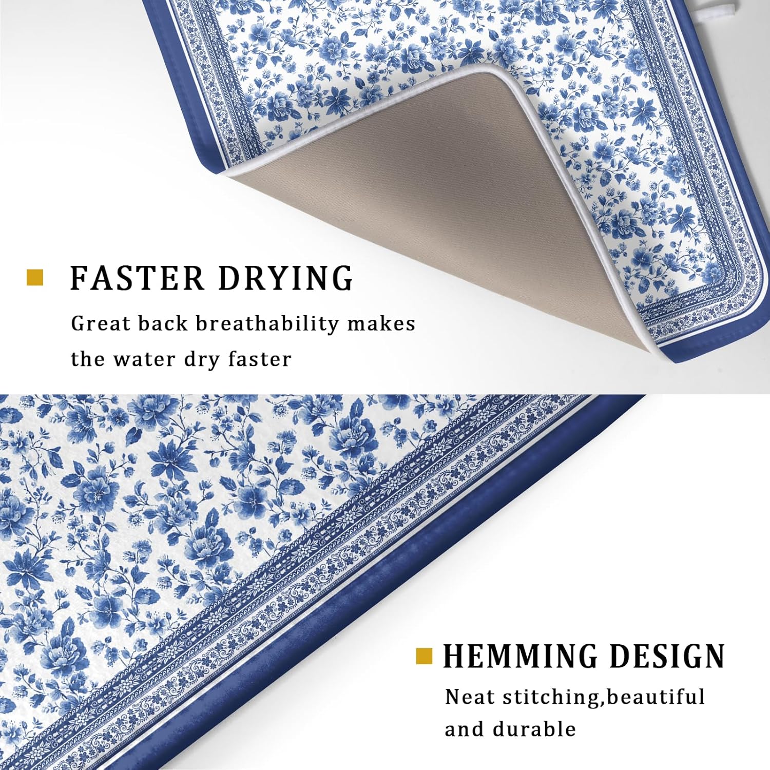 Blue Floral Branches Dish Drying Mat for Kitchen Counter Chinoiserie Pattern Dish Drying Pad 16”x18”Absorbent Vintage Flowers Decor Dishes Drainer Pad Dish Dry Rack Mat for Counter Coffee Bar