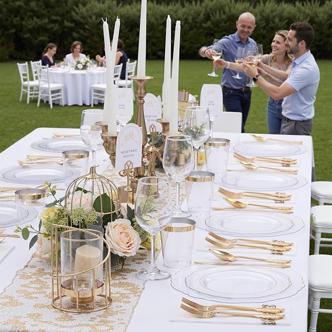 KIRE 210Pcs Clear and Gold Plastic Plates - Heavy Duty Clear Plates with Gold Rim - Disposable Dinnerware Sets of 60 Plastic Plate 90 Silverware 30 Cups 30 Napkins for Wedding/Thanksgiving Parties