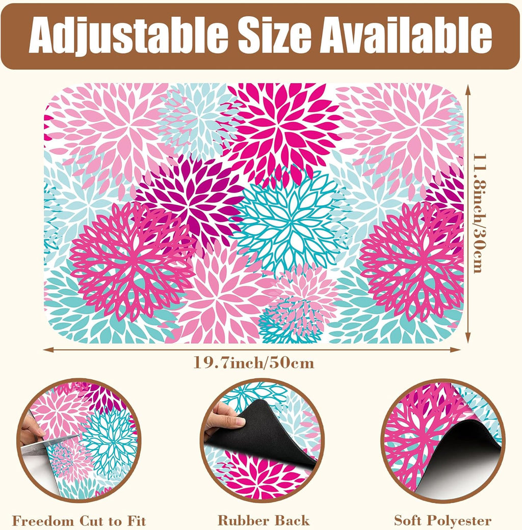 Pink Blue Chrysanthemum Flowers Dish Drying Mat for Kitchen Counter Coffee Bar Mat Hide Stain Absorbent Rubber Backed Drying Rack Pad Espresso Machine Coffee Bar Accessories 11.8 x 19.7 Inch