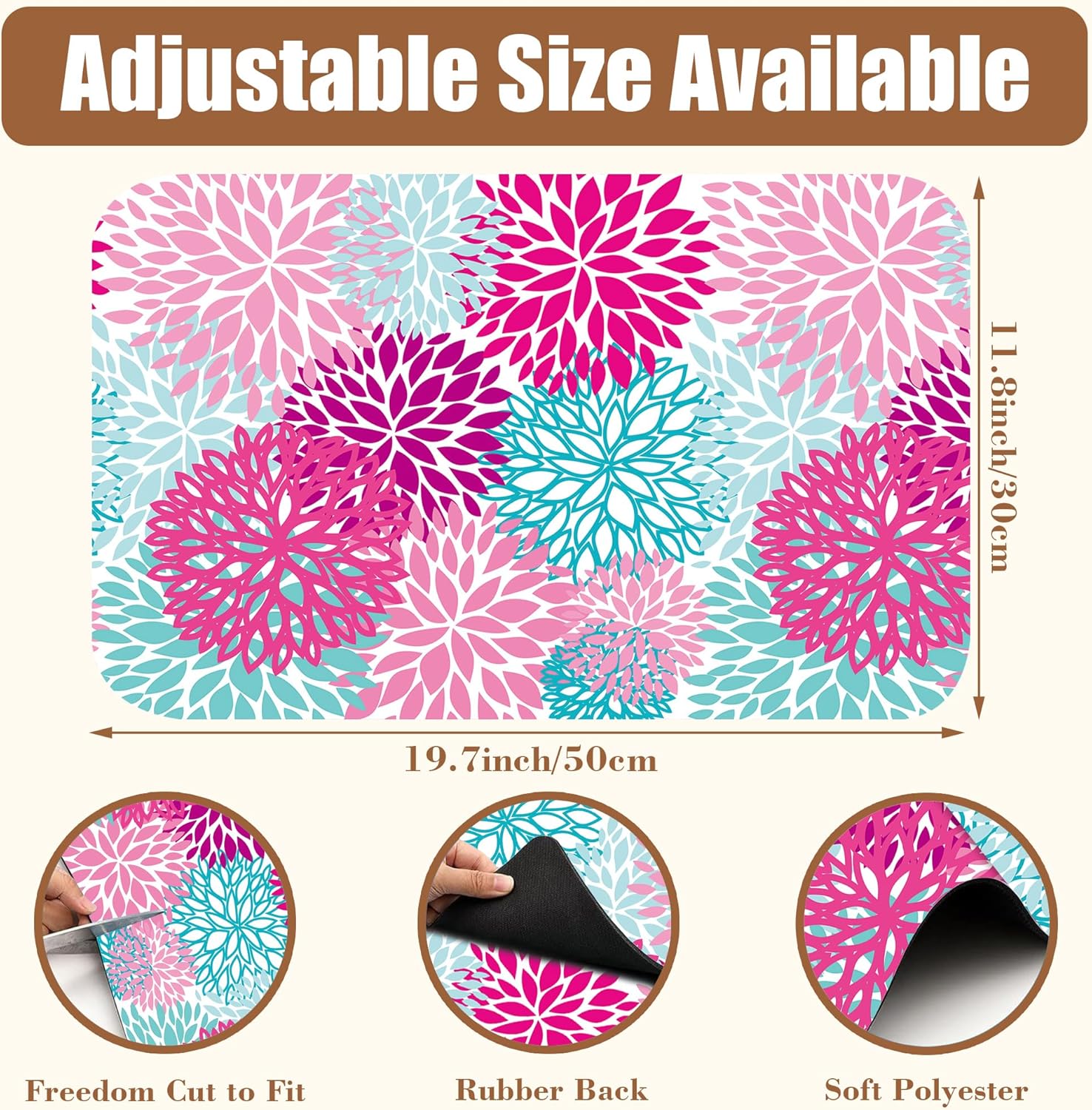 Pink Blue Chrysanthemum Flowers Dish Drying Mat for Kitchen Counter Coffee Bar Mat Hide Stain Absorbent Rubber Backed Drying Rack Pad Espresso Machine Coffee Bar Accessories 11.8 x 19.7 Inch