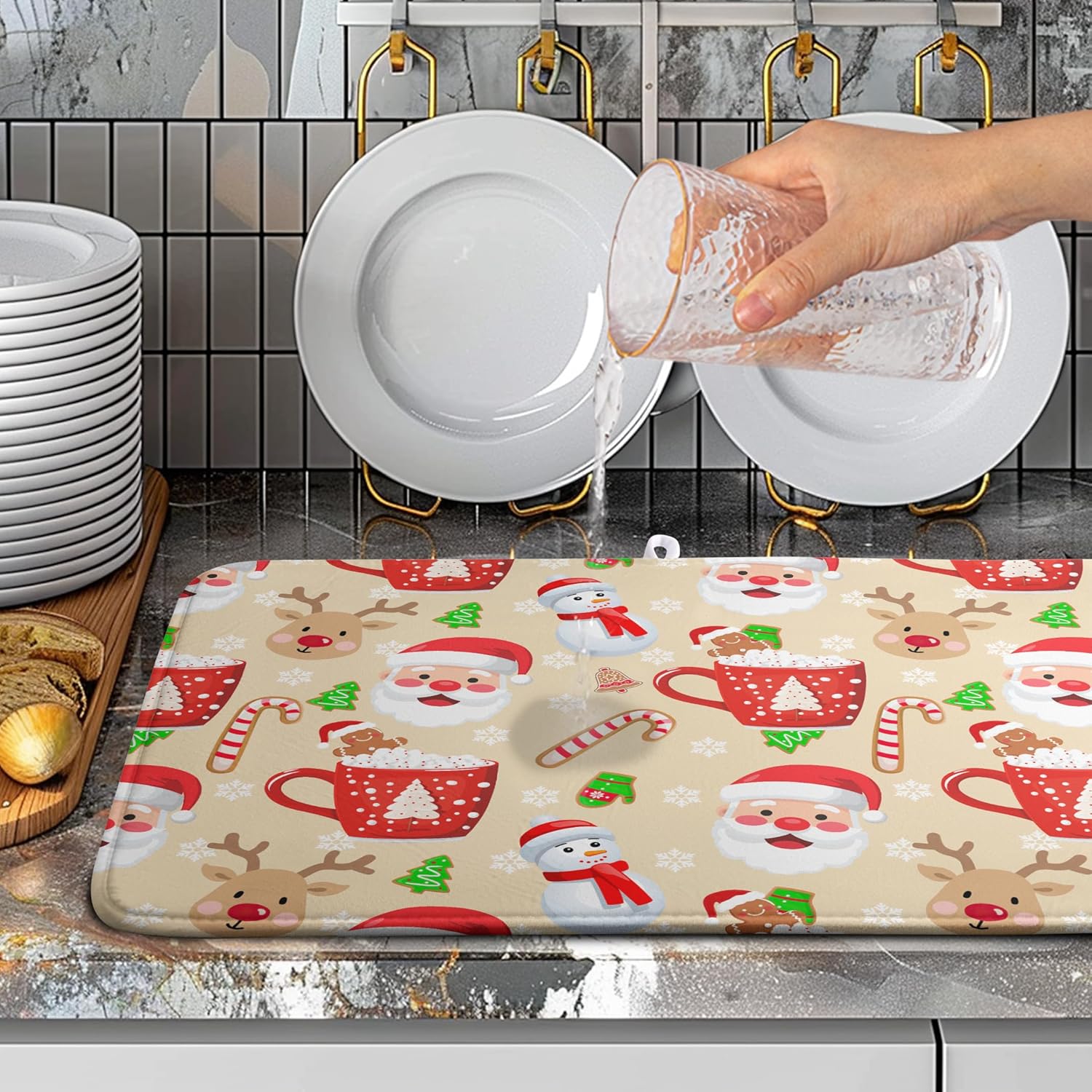 Christmas Gingerbread Man Dish Drying Mat Winter Snowflake Snowman Xmas Kitchen Drying Mat Dish Dryer Mat Absorbent Microfiber Dish Drying Mat Dish Draining Mat for Christmas Decorations 18x24 inch
