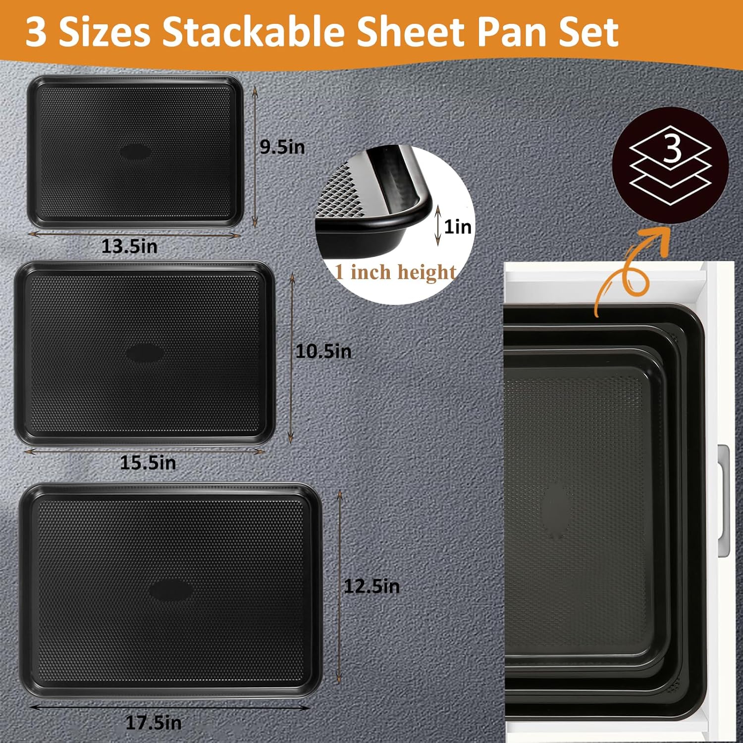 SS&CC Nonstick Baking Sheet Pan Set of 3, 0.8mm Carbon Steel Cookie Sheets for Oven - Half/Quarter/Jelly Roll Pans with Diamond Texture, PFOA-Free & Oven Safe (17.5x12, 15.5x10.2, 13.5x9.5 Inch)