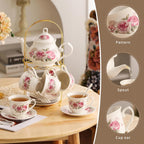 20-Pieces Tea Set For Adult with Golden Metal Rack,Porcelain Tea Sets For Women,Tea Gift Sets for Home&Party(016)