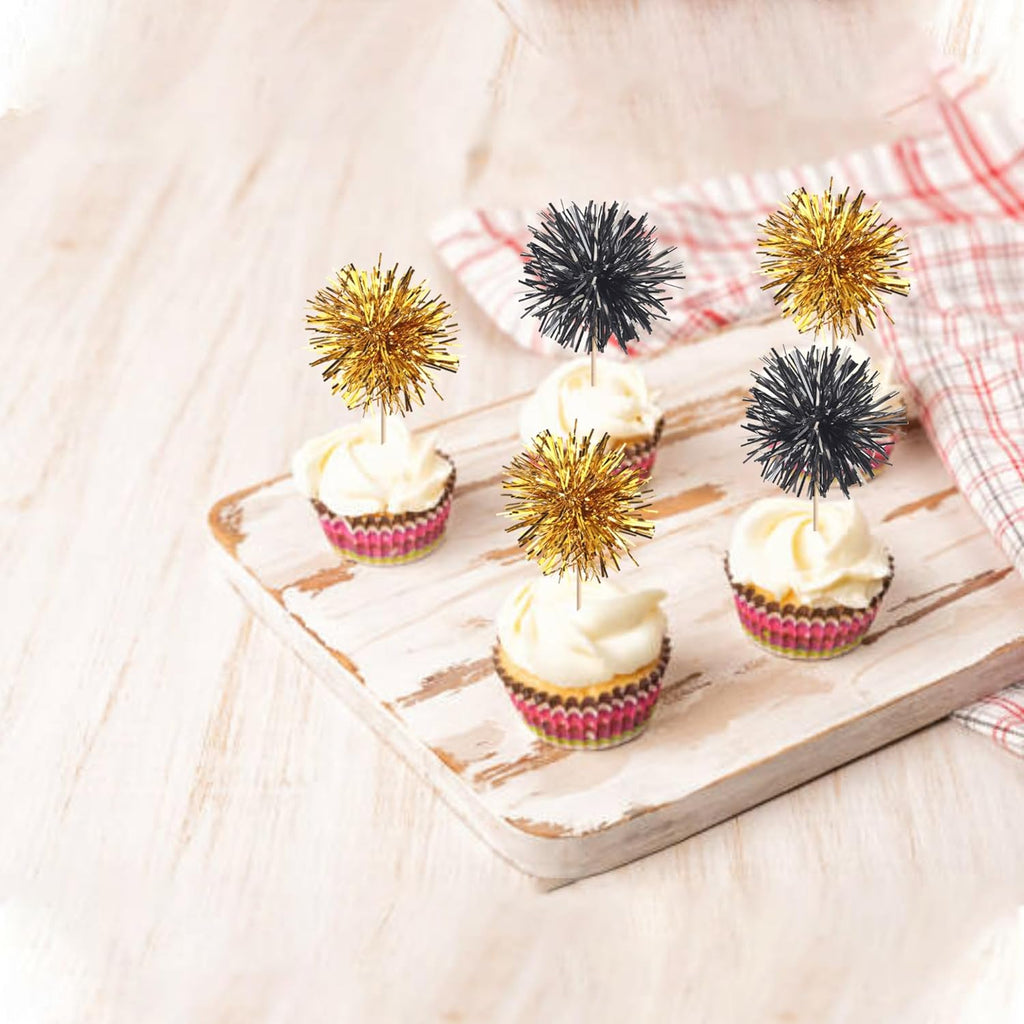 40 PCS Foil Firework Cupcake Toppers Sparkle Tinsel Cupcake Picks Fireworks Birthday Party Decorations Cocktail Fruit Toothpick for Birthday Wedding Graduation Party Decorations Supplies Black Gold