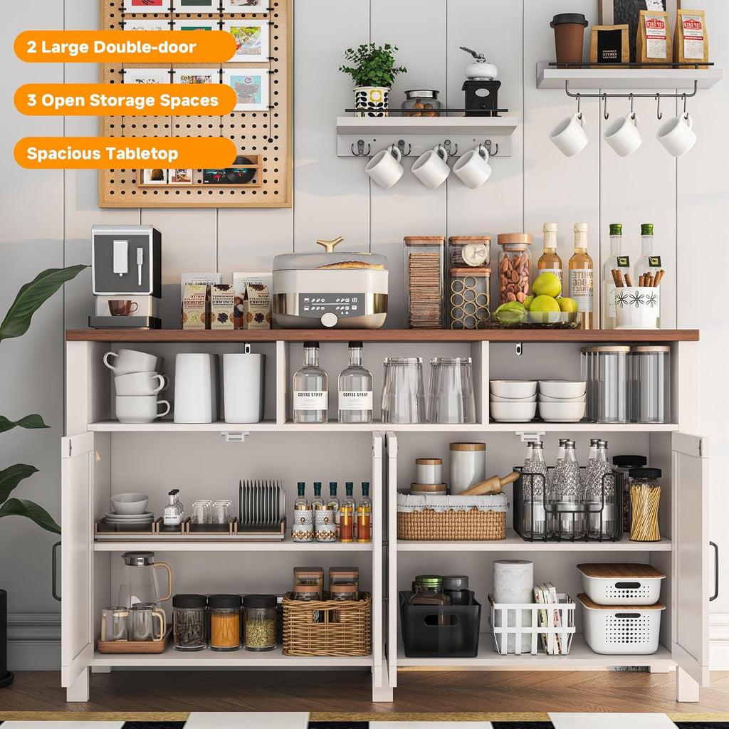 Buffet Sideboard with Storage Farmhouse with 4 Doors, 55'' Large Kitchen Storage Cabinet Wood Coffee Bar Cabinet Buffet Table with Shelves for Kitchen, Dining Room, Entryway