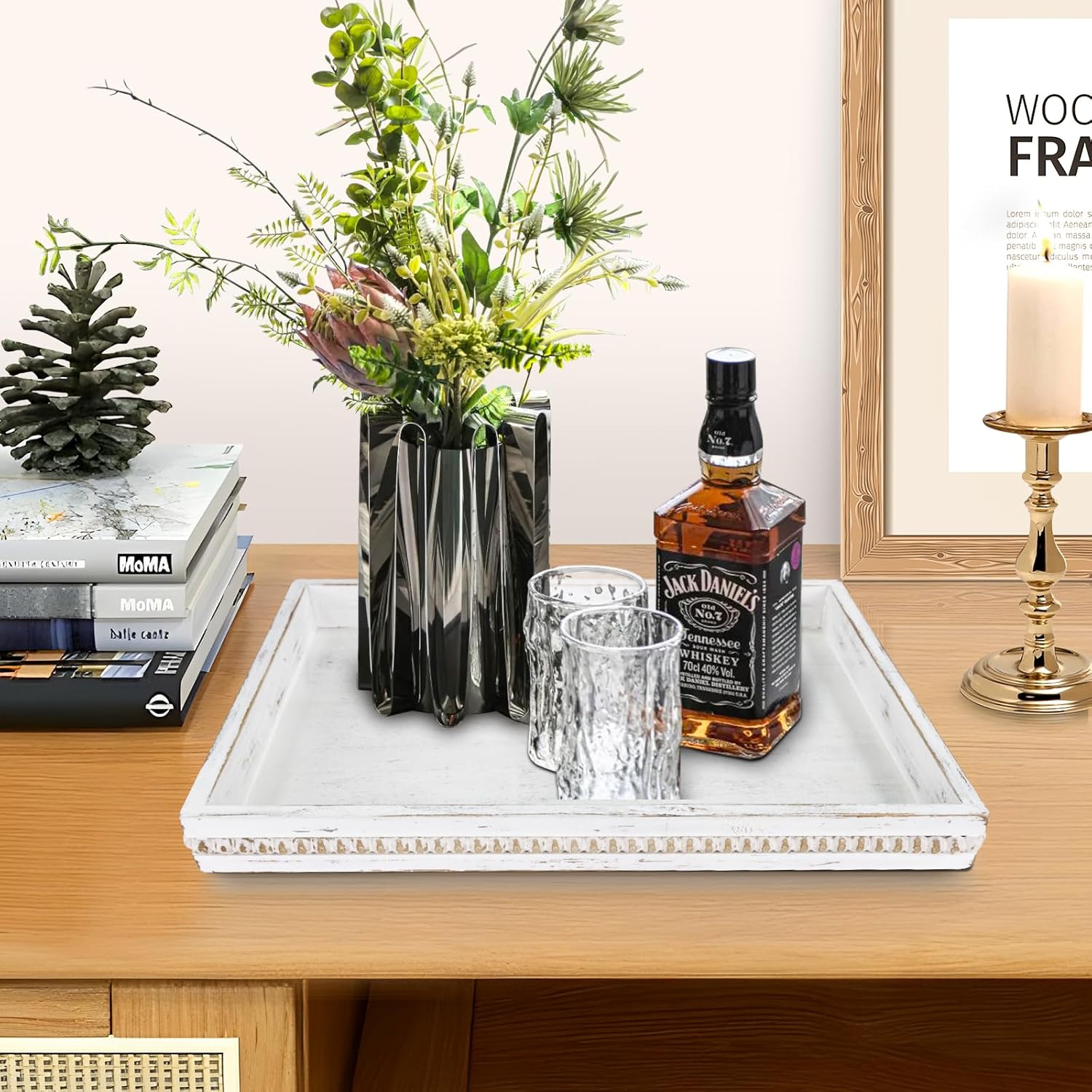 Wooden Decorative Tray, Rectangular Serving Tray with Wood Bead, Farmhouse Big Tray for Ottoman, Countertop, Coffee Tabl, 16.5" x 13"x 1.6" (Retro White)