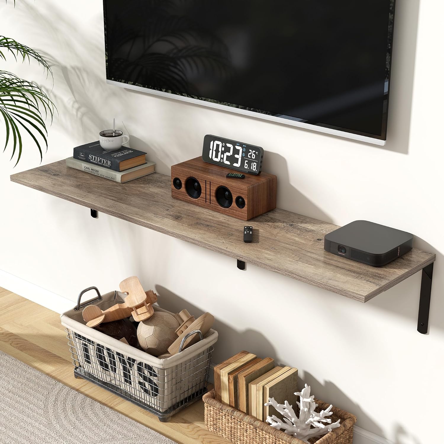 Fun Memories Floating Shelves for Wall, 12 Inch Deep Floating Shelves Set of 2, Wall Mounted Shelf with Metal Brackets, Rustic Wood Wide Shelf for Bathroom, Kitchen and Living Room, Grey, 55W x 12D