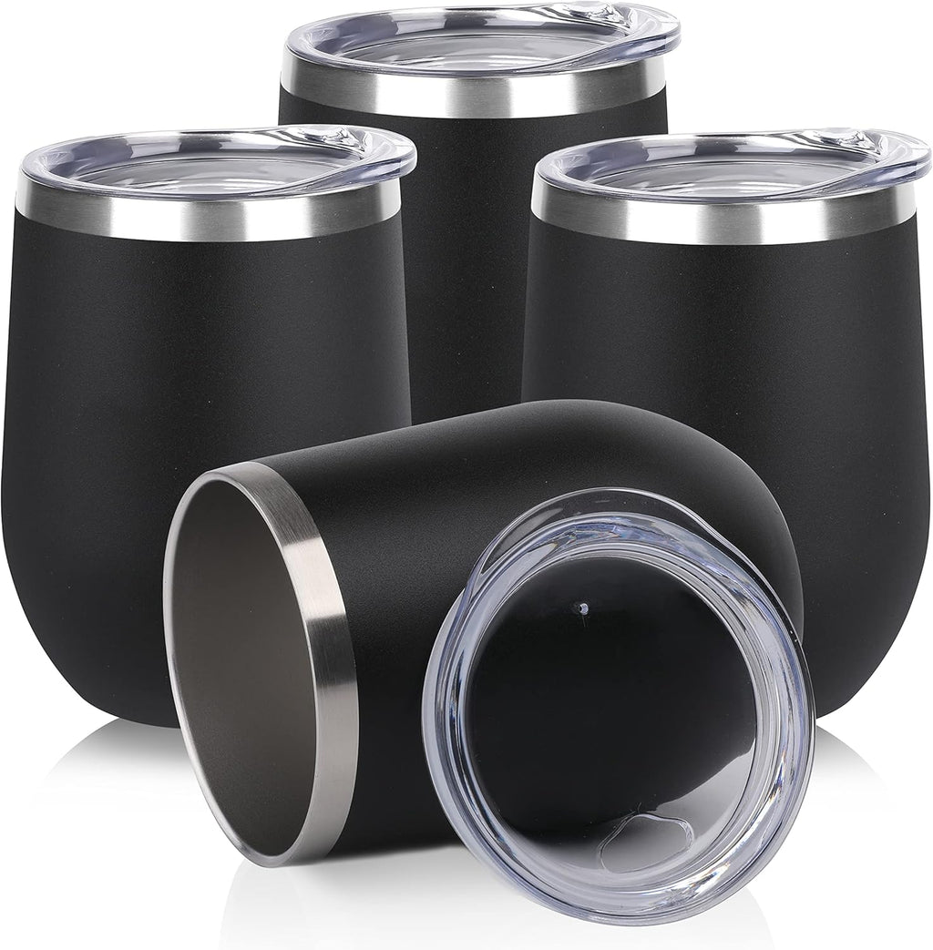 DOMICARE Stainless Steel Wine Tumbler Bulk with Lid, Personalized Insulated Tumblers Set, 12oz Travel Coffee Cups Pack of 4, Black